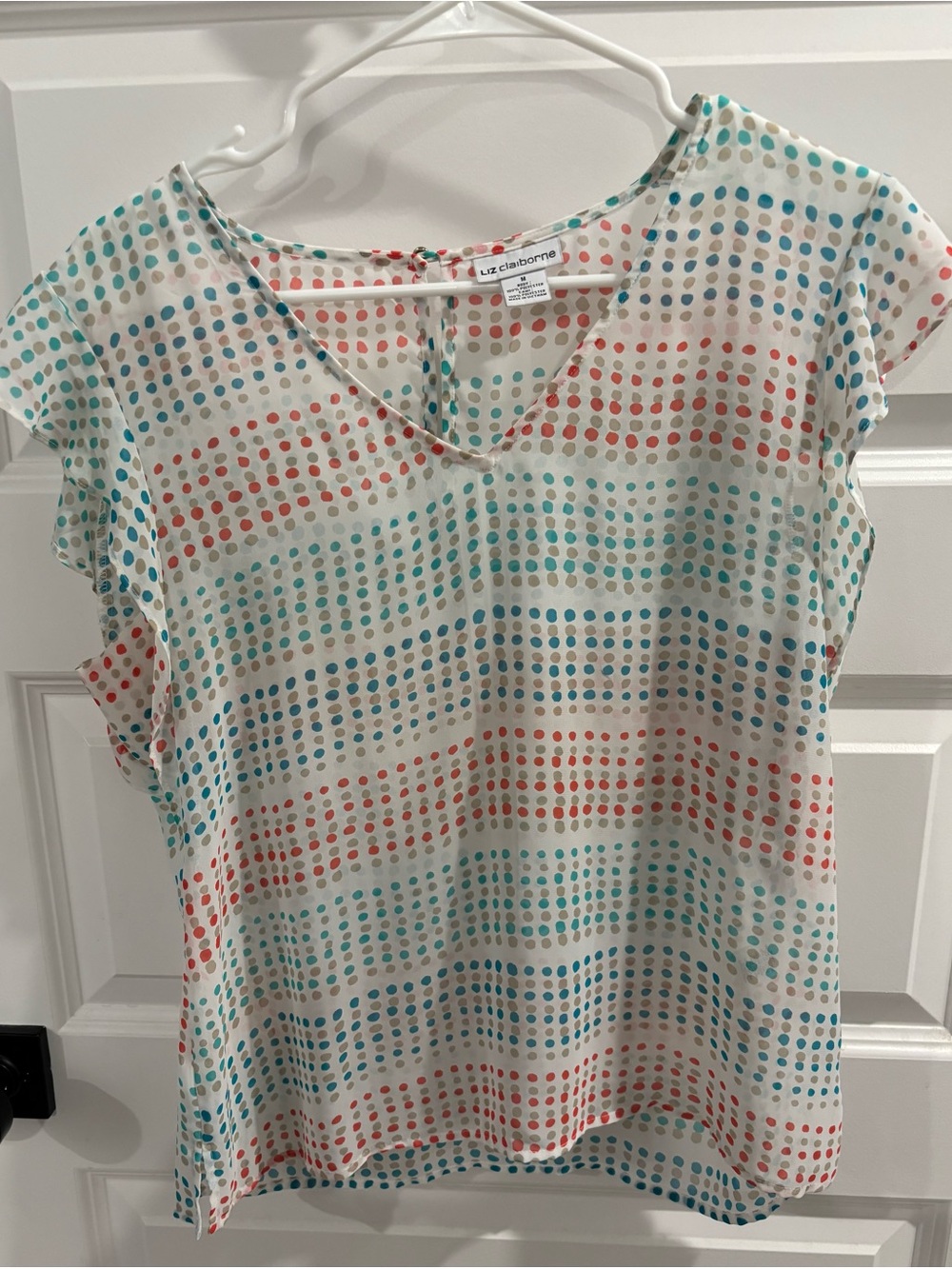 Liz Claiborne Cream Blouse with Blue and Coral Dot Pattern